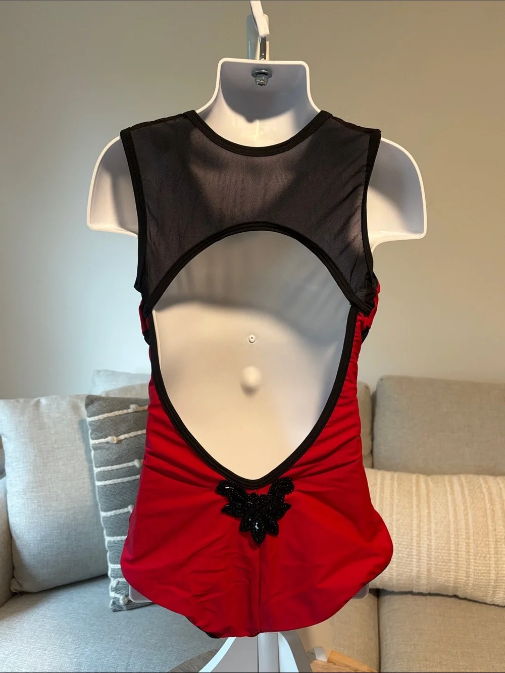 Red and Black Mesh Detail One-Piece Dance Costume Leotard